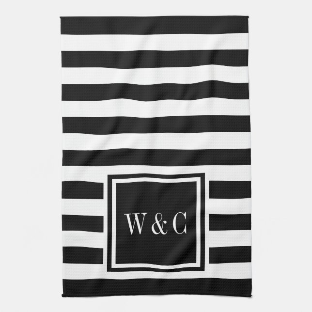 Monogram Initials Black White Stripe Personalised Tea Towel (Vertical)