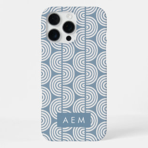 Monogram Initials Blue Geometric Stripes Pattern iPhone 16 Pro Max Case