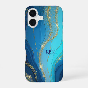 Monogram Initials Blue Gold Glitter iPhone 16 Case
