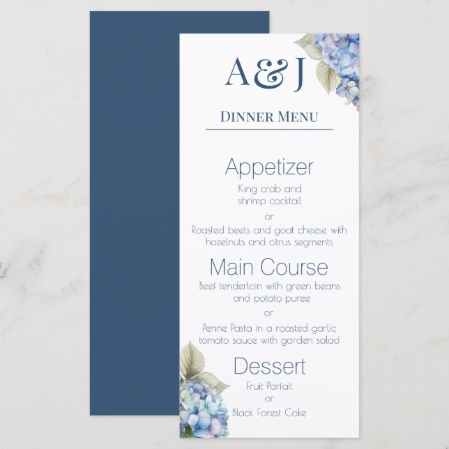 Monogram Initials Blue Hydrangea Flowers Menu (Front/Back)