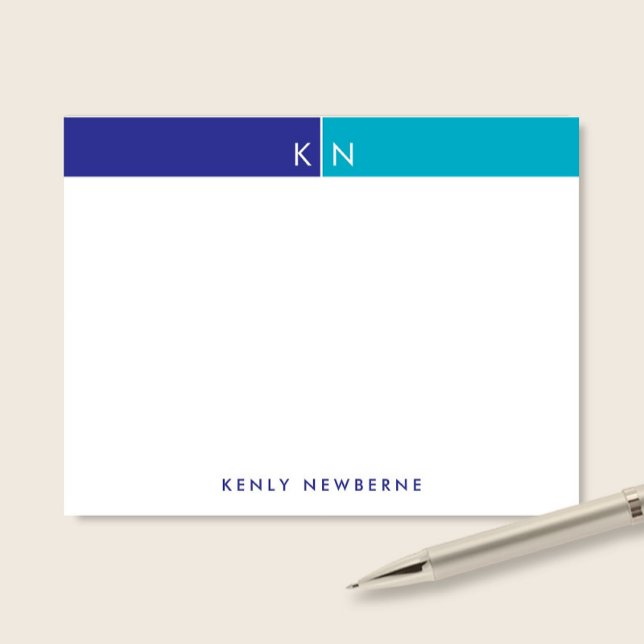Monogram Initials Blue & Turquoise Band Stationery Card (Creator Uploaded)