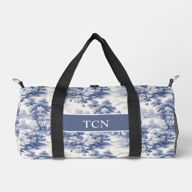 Monogram Initials Blue White French Toile Pattern  Duffle Bag (Front)