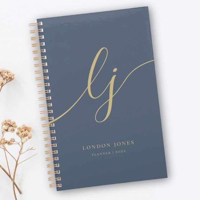 Monogram Initials Business Gold Script Navy Planner (Creator Uploaded)