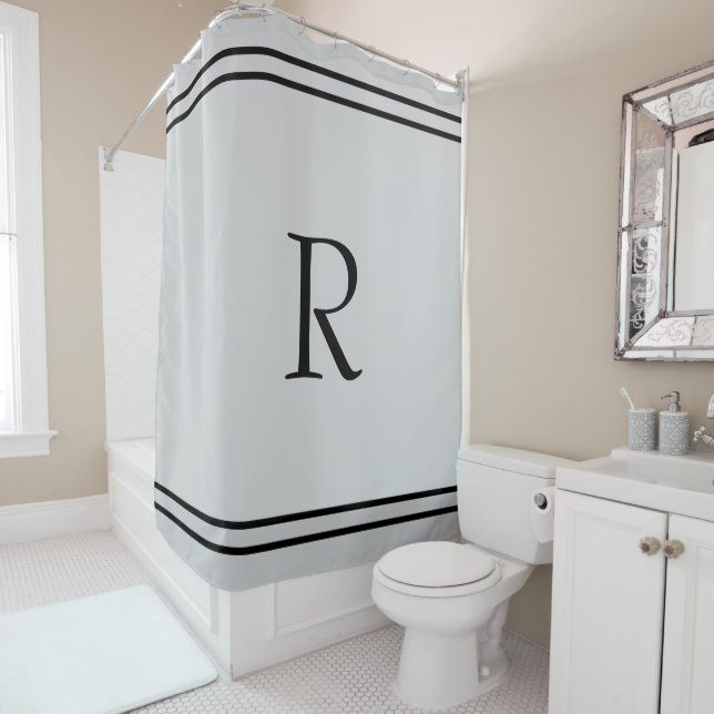 Monogram Initials Custom Name Black Stripes Grey Shower Curtain (In Situ)