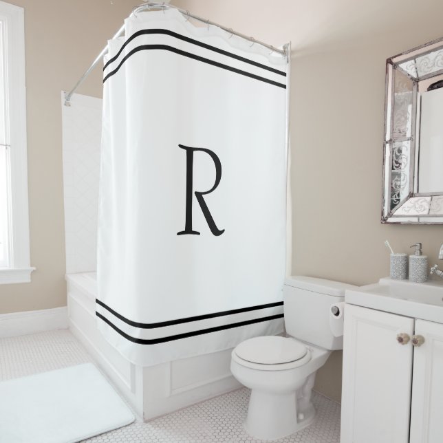 Monogram Initials Custom Name Black Stripes White  Shower Curtain (In Situ)