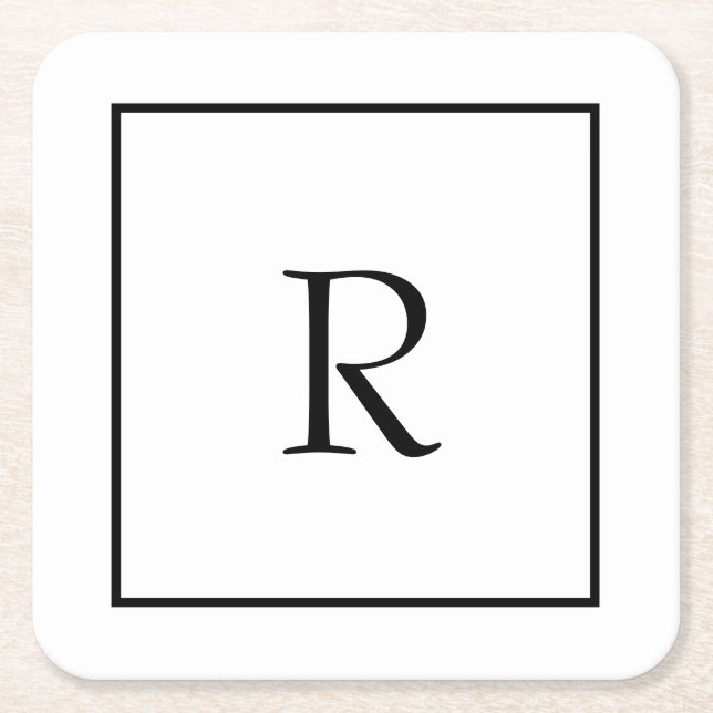 Monogram Initials Custom Name Black White Trendy Square Paper Coaster (Front)