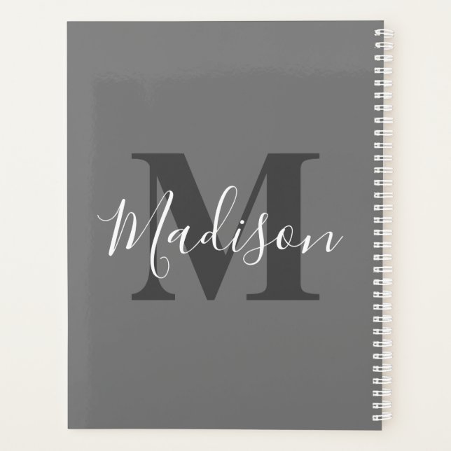 Monogram Initials Custom Name Grey White Elegant Planner (Back)