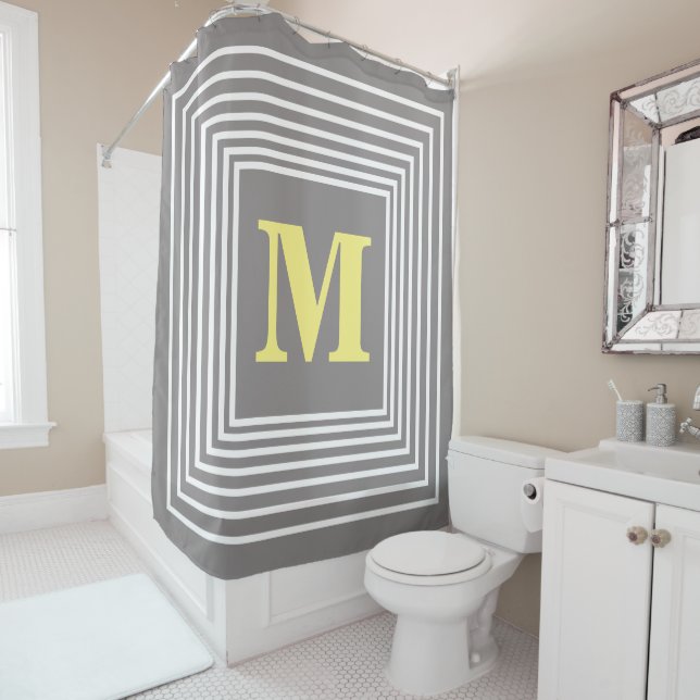 Monogram Initials Custom Name Grey White Yellow  Shower Curtain (In Situ)