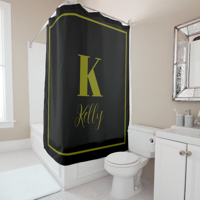 Monogram Initials Custom Name Olive Green Black Shower Curtain (In Situ)