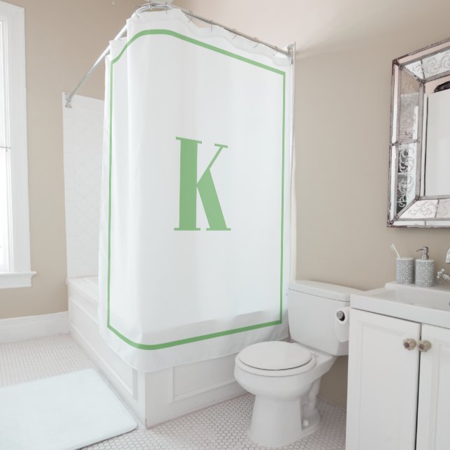 Monogram Initials Custom Name Sage Green White Shower Curtain (In Situ)