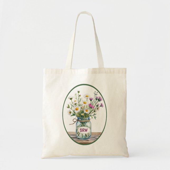 Monogram Initials Customise Wildflowers Mason Jar Tote Bag (Front)