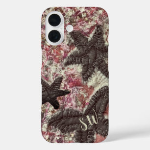 Monogram Initials Cute Peach Gray Cream Floral  iPhone 16 Case