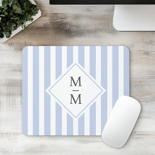 Monogram initials dusty light blue white stripes mouse pad