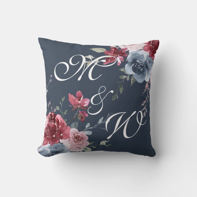 Monogram Initials Dusty Rose Blue Floral Dark Blue Cushion (Front)