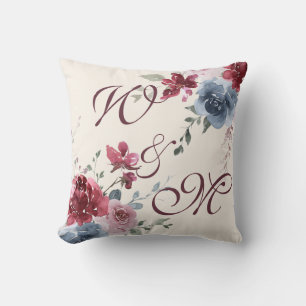 Monogram Initials Dusty Rose Blue Floral Ivory Cushion