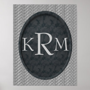 Monogram Initials Elegant Black Floral Poster