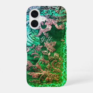 Monogram Initials Elegant Floral Green Rose Gold iPhone 16 Case