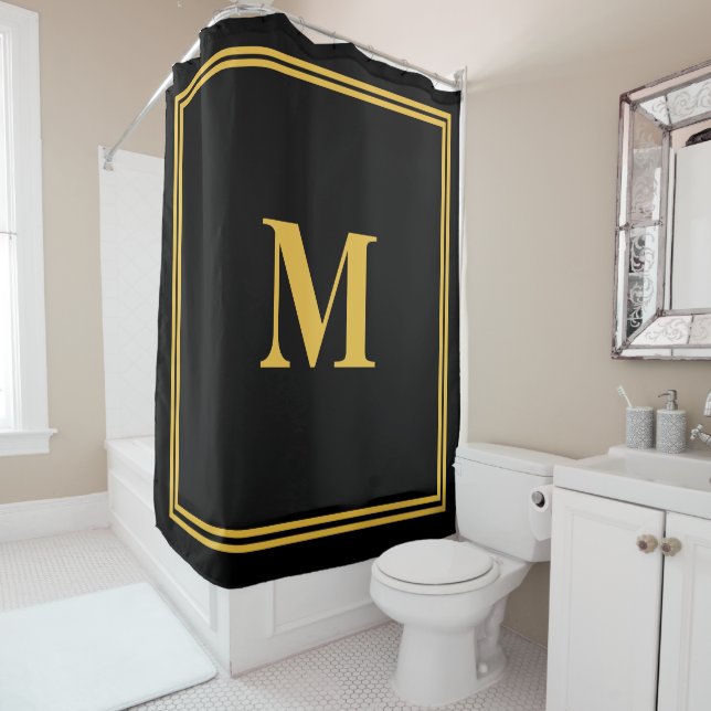 Monogram Initials Gold Black Stylish Custom Name Shower Curtain (In Situ)