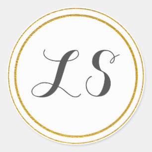 Monogram Initials    Gold & White Circle Border Classic Round Sticker
