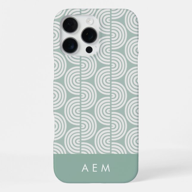 Monogram Initials Green Geometric Stripes Pattern  iPhone Case (Back)