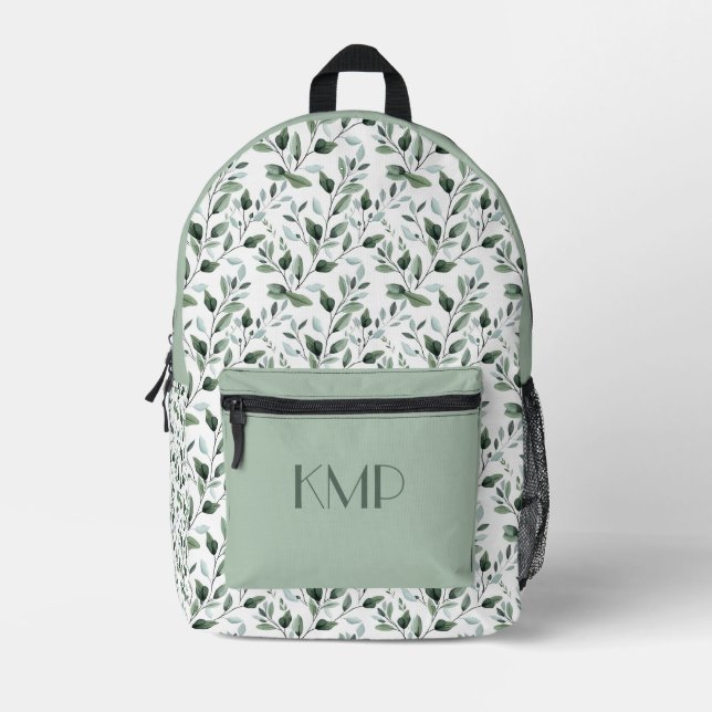 Monogram Initials Greenery Leaves Botanical  Printed Backpack (Front)