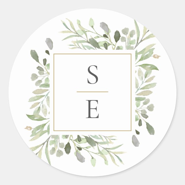 Monogram Initials Greenery Modern Gold Wedding Classic Round Sticker (Front)