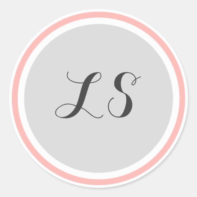 Monogram Initials |  Grey White Pink Circle Border Classic Round Sticker (Front)