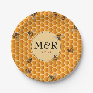 Monogram Initials Honeycomb Bees Gold Paper Plate