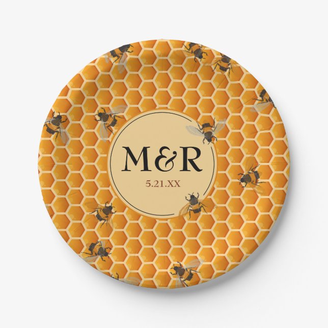 Monogram Initials Honeycomb Bees Gold Paper Plate (Front)