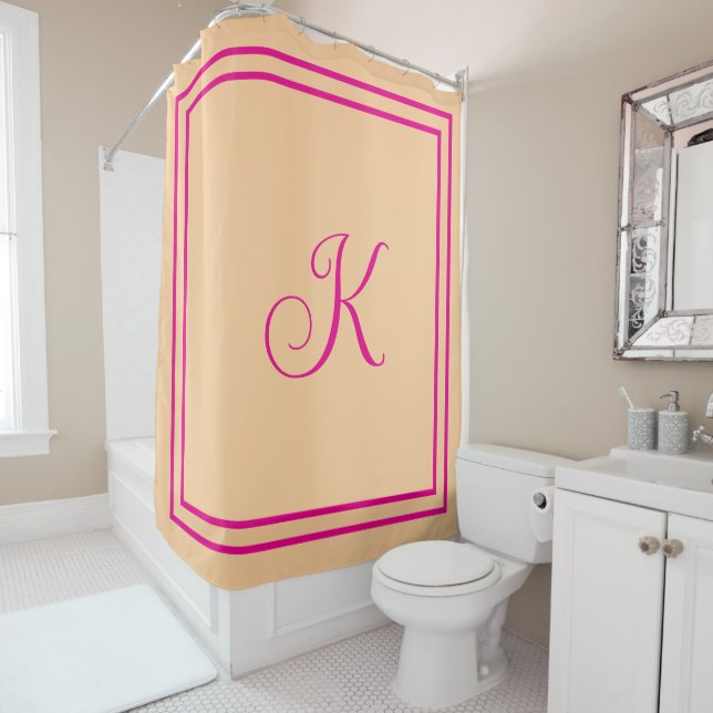 Monogram Initials Hot Pink Orange Custom Script Shower Curtain (In Situ)