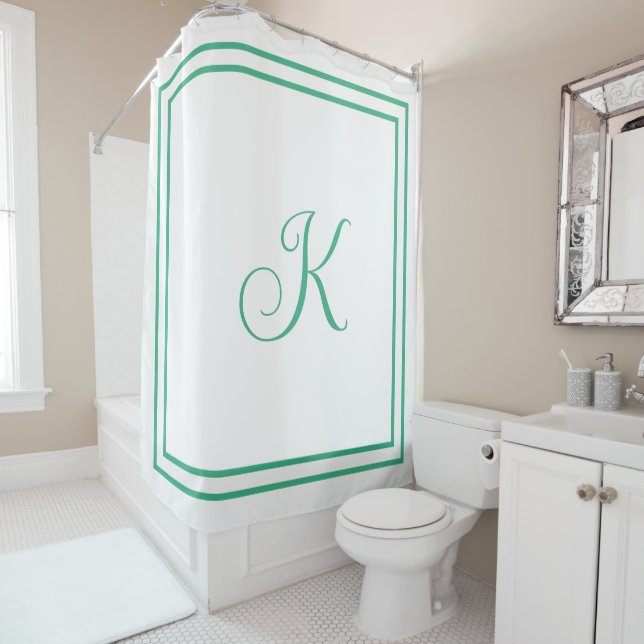 Monogram Initials Mint Green White Custom Script Shower Curtain (In Situ)