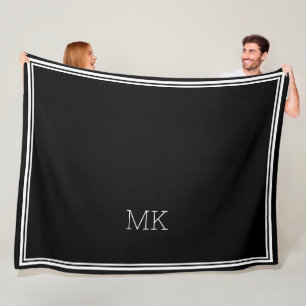 Monogram Initials Modern Minimal Frame Black White Fleece Blanket