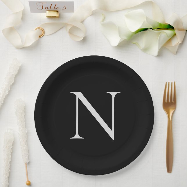 Monogram Initials Name Customised  Black White Paper Plate (Wedding)