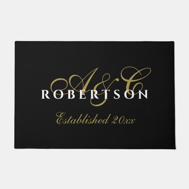 Monogram Initials Name Est. Year Black Gold White  Doormat (Front)