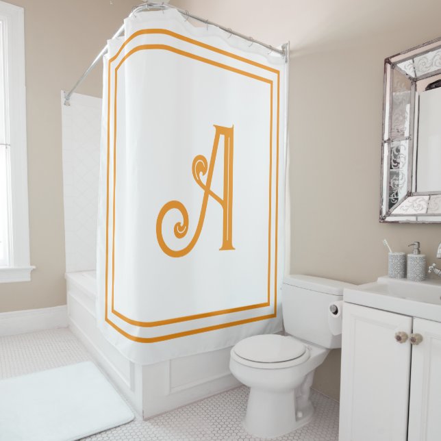 Monogram Initials Name Orange White Custom Script  Shower Curtain (In Situ)