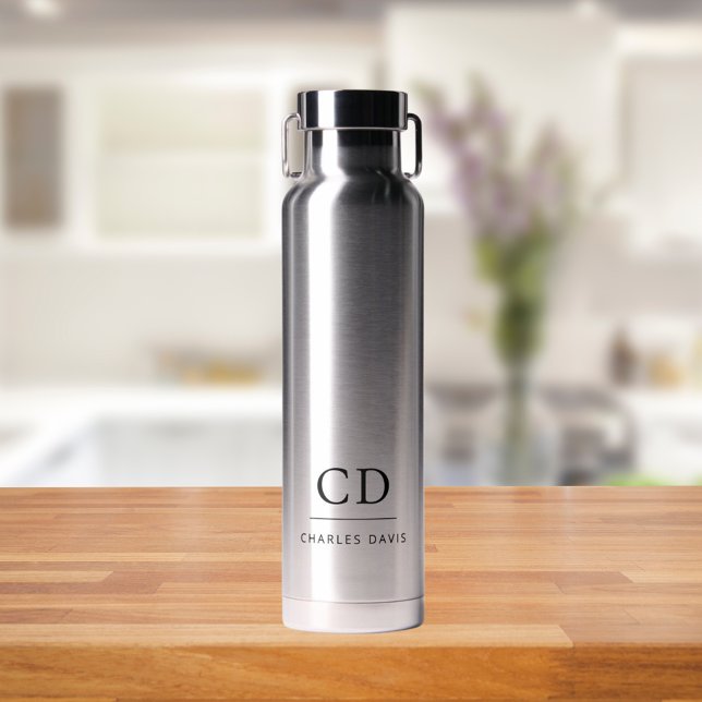 Monogram initials name simple black letters water bottle (Creator Uploaded)