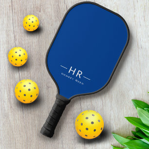 Monogram Initials + Name Simple Dark Blue White Pickleball Paddle