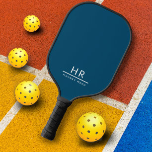 Monogram Initials + Name Simple Navy Blue White Pickleball Paddle