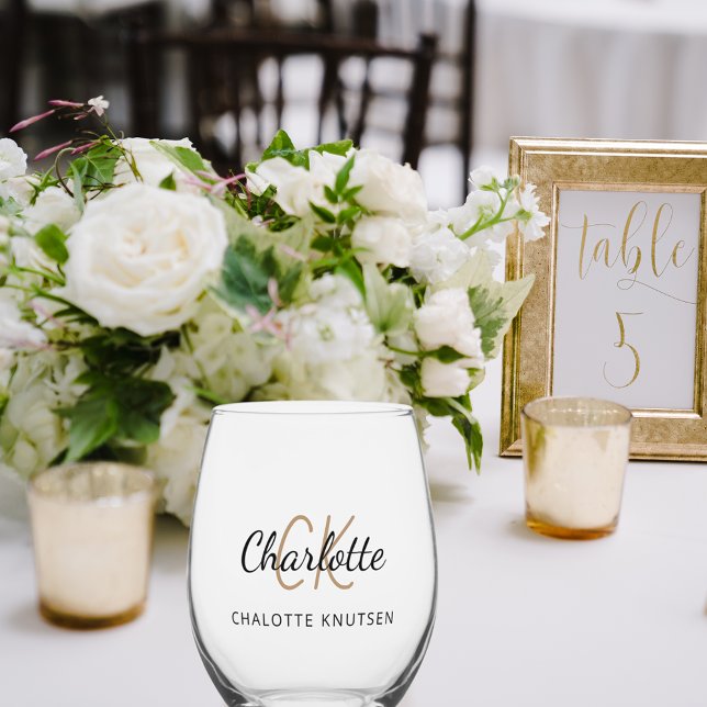 Monogram initials name simple stemless wine glass (Creator Uploaded)