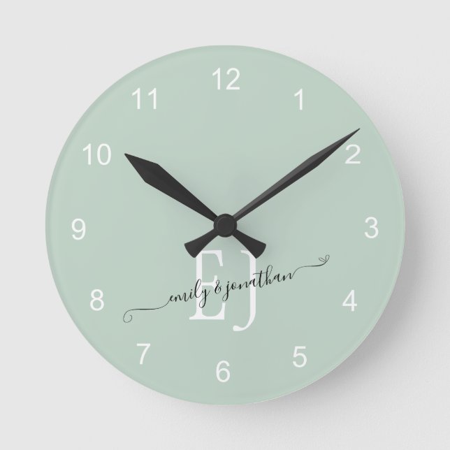 Monogram Initials Names Elegant Script Sage Green Round Clock (Front)