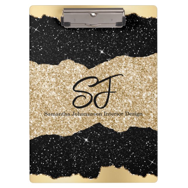Monogram Initials on Black and Gold Glitter Clipboard (Front)
