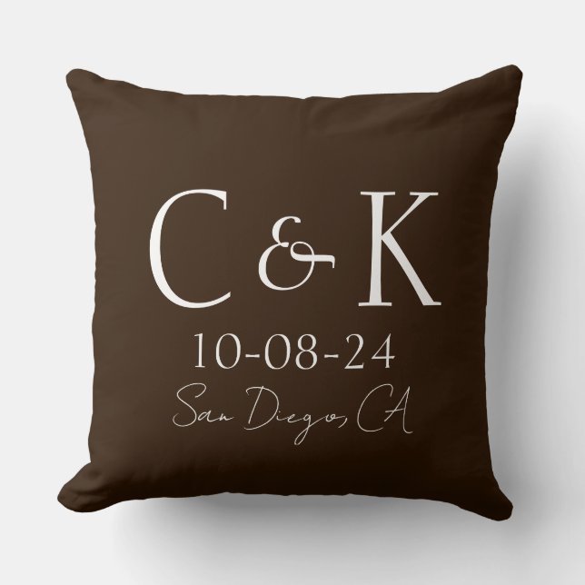 Monogram Initials on Chocolate Brown Wedding Cushion (Front)