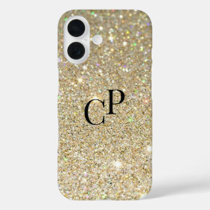 Monogram Initials on Faux Gold Glitter Background  iPhone 16 Case