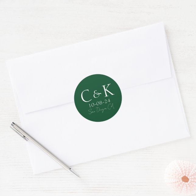 Monogram Initials on Forest Green Wedding Classic Round Sticker (Envelope)