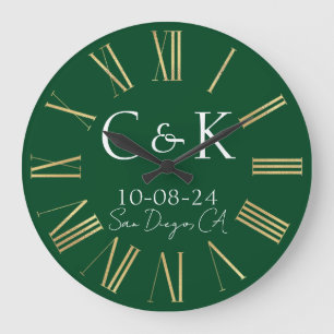Monogram Initials on Forest Green Wedding Large Clock
