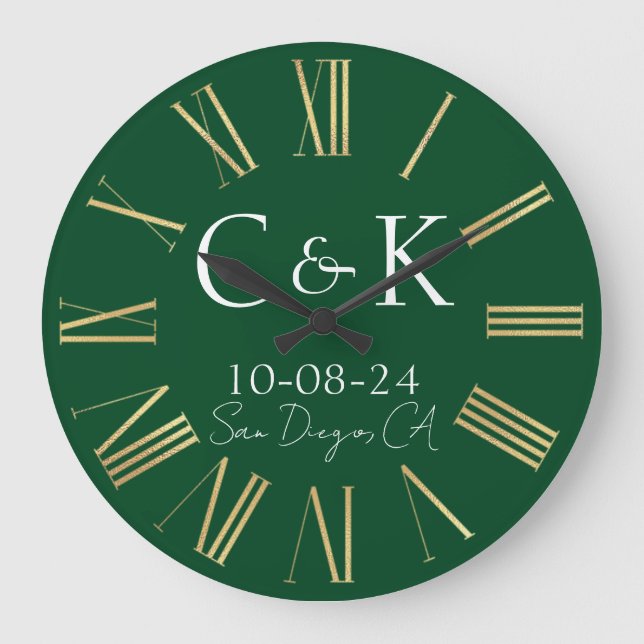 Monogram Initials on Forest Green Wedding Large Clock (Front)