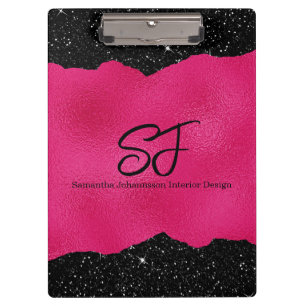 Monogram Initials on Luxurious Black and Hot Pink Clipboard