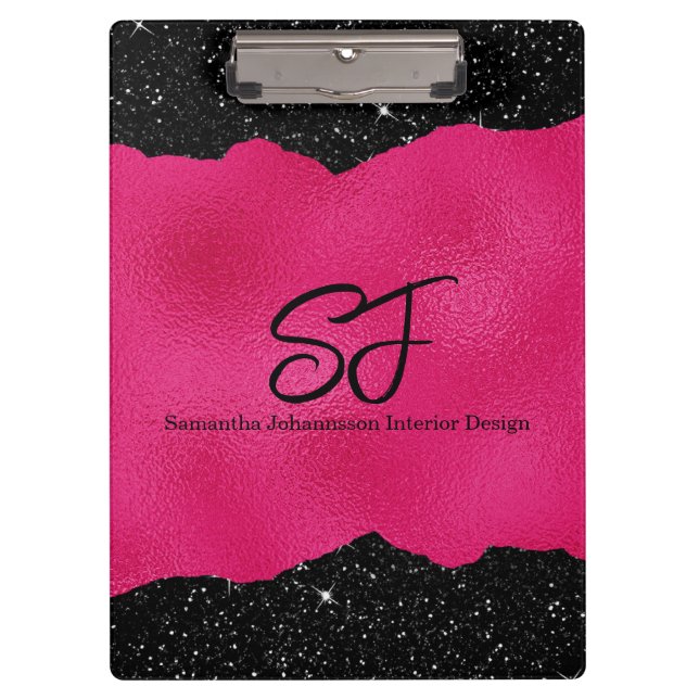 Monogram Initials on Luxurious Black and Hot Pink Clipboard (Front)