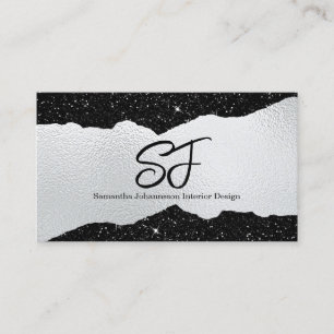 Monogram Initials on Luxurious Black and Silver Business Card