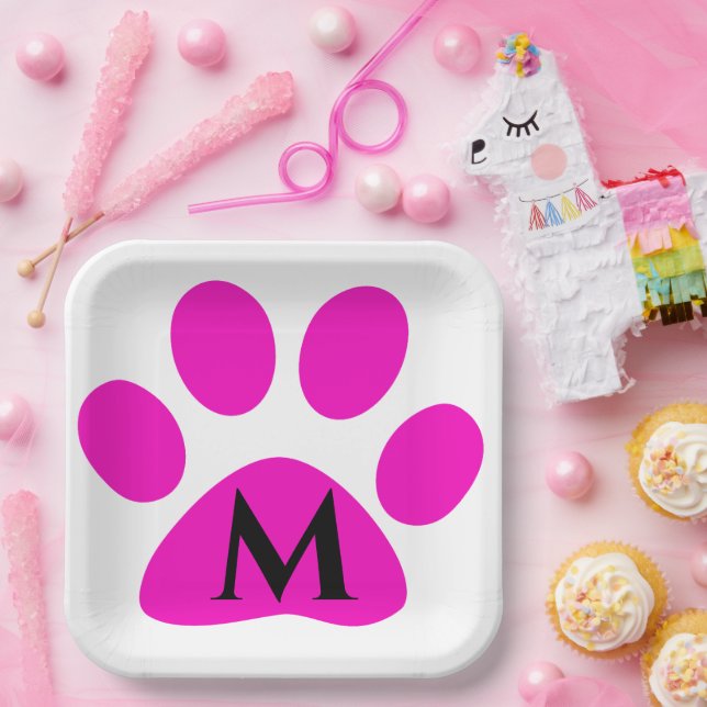 Monogram Initials Paw Prints Pink Black Cute Girly Paper Plate (Party)